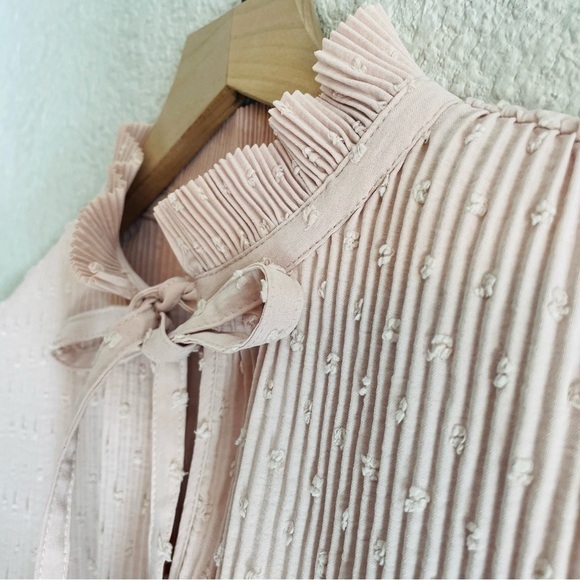 Pink Swiss Dot Pleated High Neck Blouse - Picture 3 of 13